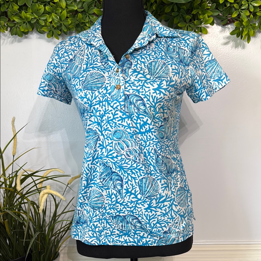 Nwot Vintage Lilly Pulitzer Blue White Seashell Short Sleeve Collared Polo Xs